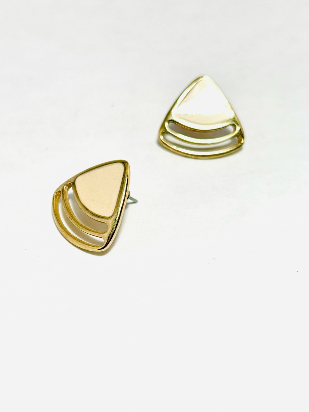 Gold and Cream Geometric Triangle Earrings - Women's Jewelry - Picture 3 of 5